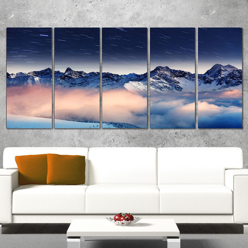 Milky Way Over Frosted Mountains, Landscape Canvas Art Print, 60"x28", 5 Panels