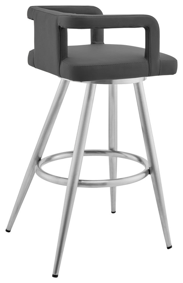 Gabriele 26" Gray Faux Leather and Brushed Stainless Steel Swivel Bar Stool