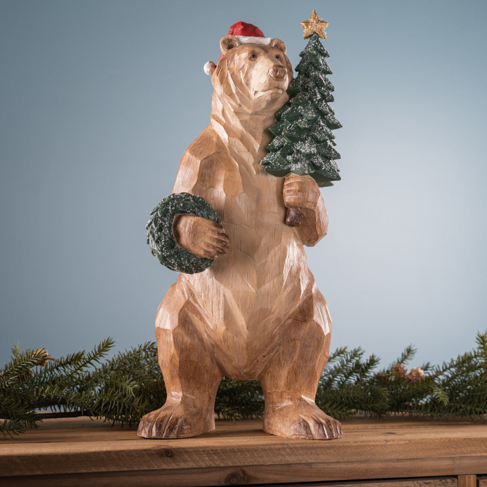 Bear With Pine Tree and Wreath Statue 18.5"H