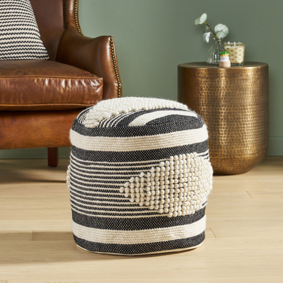 Villard Boho Handcrafted Fabric Cylinder Pouf, White + Black