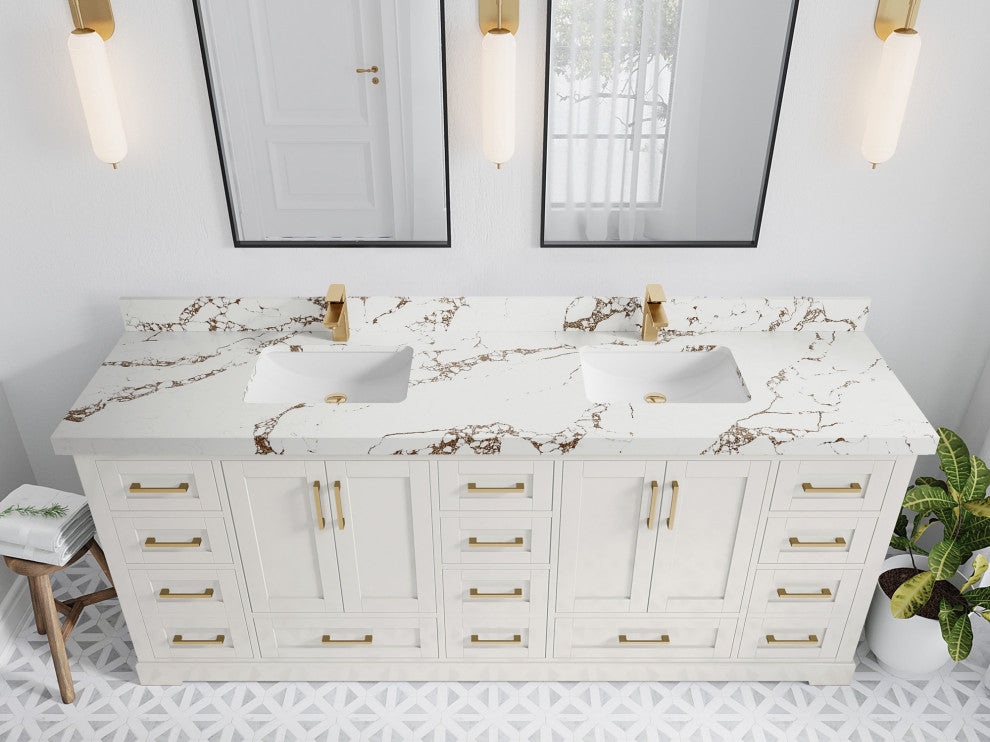 Boston 84" Double Sink Bath Vanity in Alabaster 2" Viola Brown