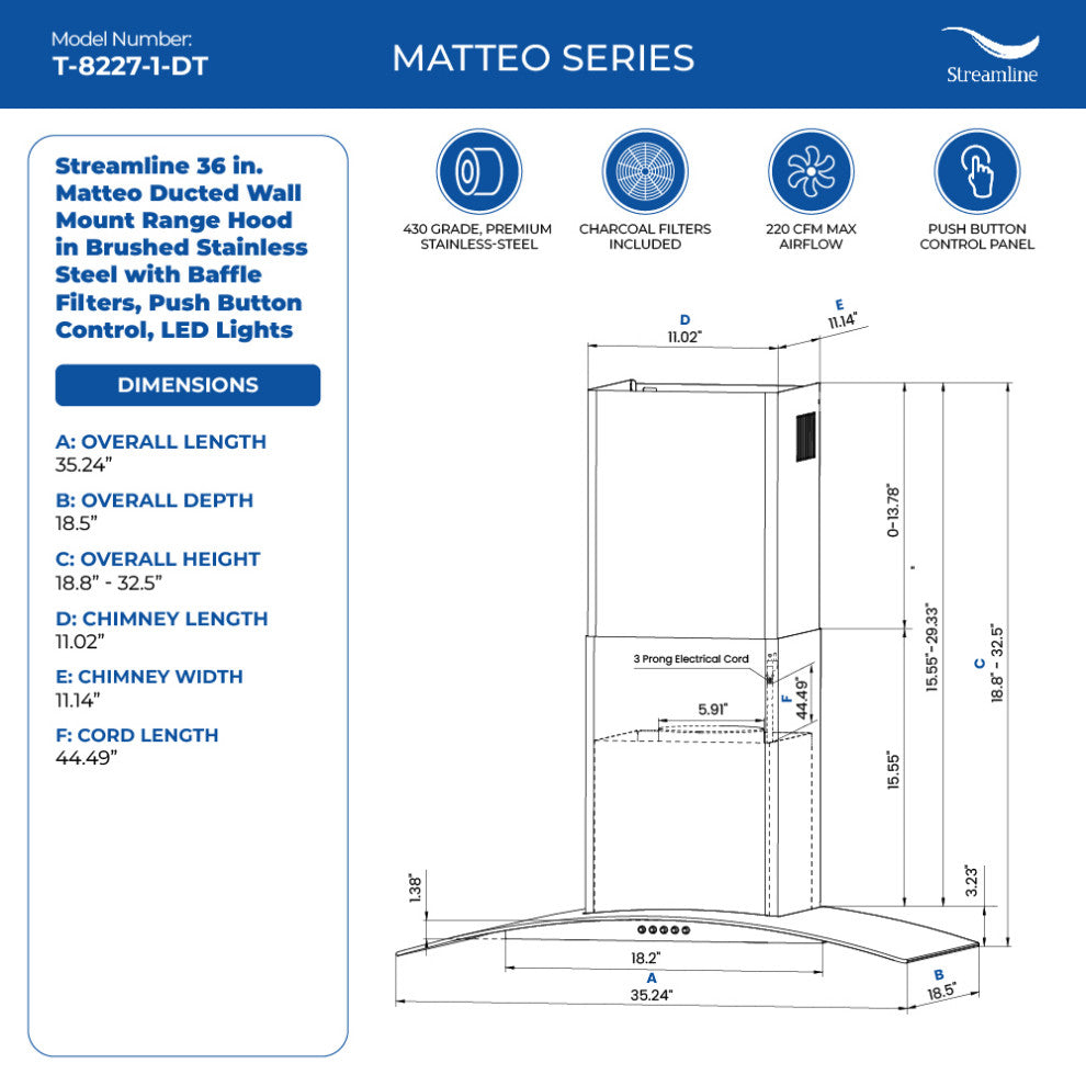 Streamline 36" Matteo Ducted Wall Mount Range Hood, Stainless Steel