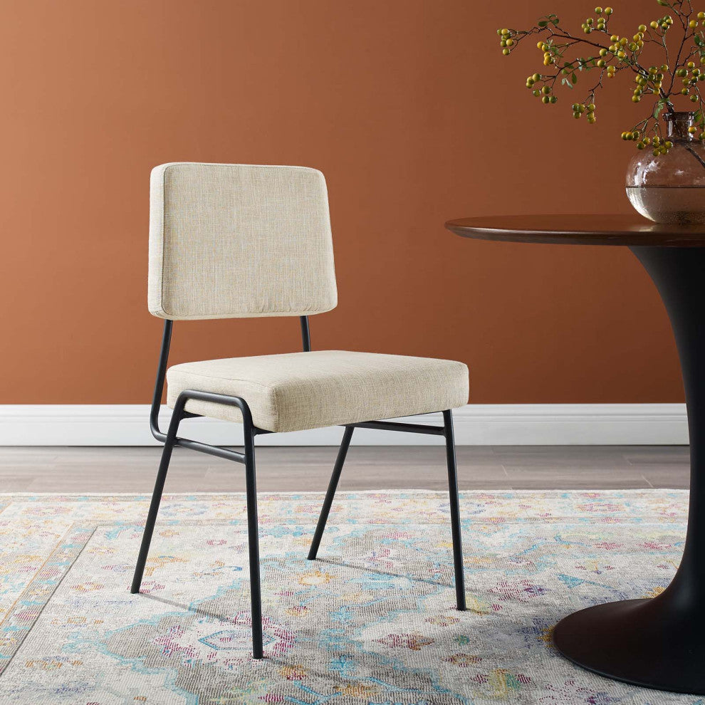 Side Dining Chair, Fabric, Metal, Black Beige, Modern, Cafe Bistro Restaurant