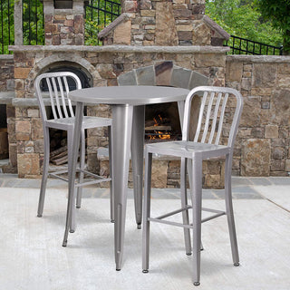 3-Piece Patio Bistro Set with Bar Height Table and Stools with Slatted Backs, Silver