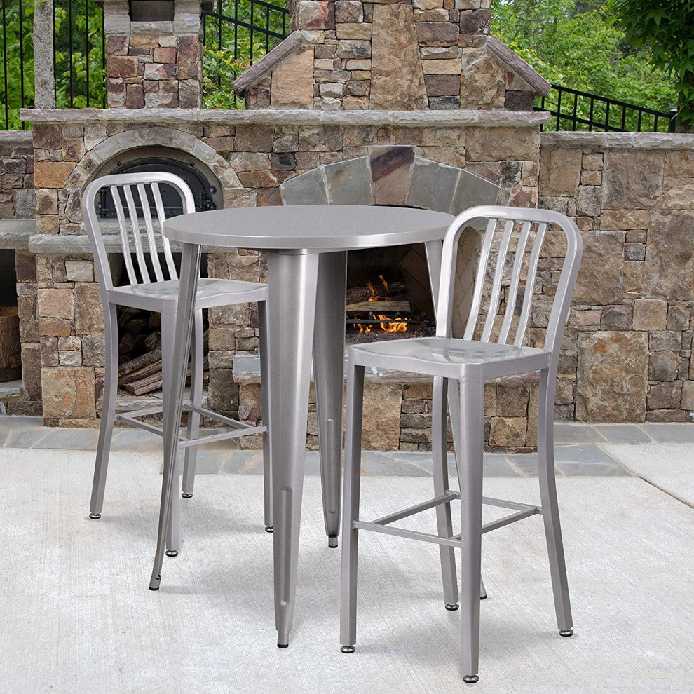 3-Piece Patio Bistro Set with Bar Height Table and Stools with Slatted Backs, Silver