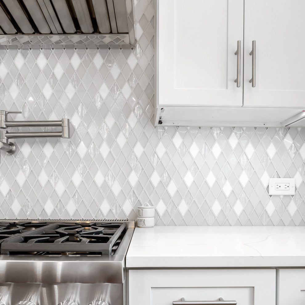 Elegant Glass and Marble Rhomboid Design Mosaic Backsplash Tile, Sample