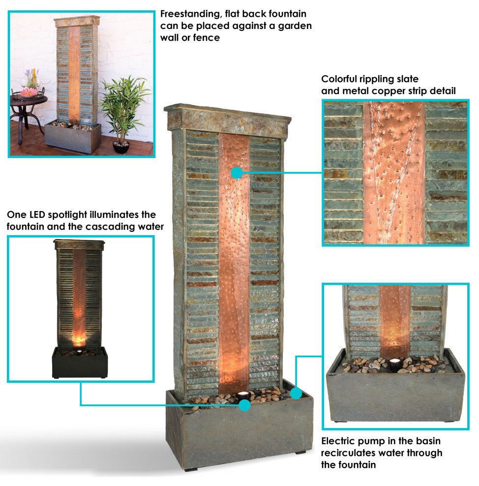 Sunnydaze Rippled Slate Indoor Fountain, Copper Finish and Spotlight, 48"