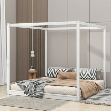 Pine Wood Canopy Bed, Low Profile Platform Bed with support Legs, King