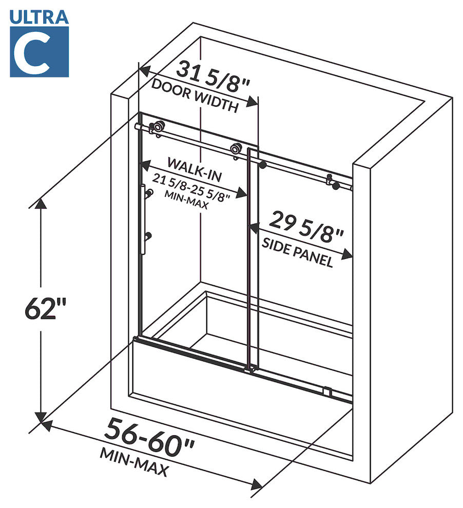 LessCare ULTRA-C Clear Glass Bath-Tub Door Brushed Nickel Finish, 56-60"x62"