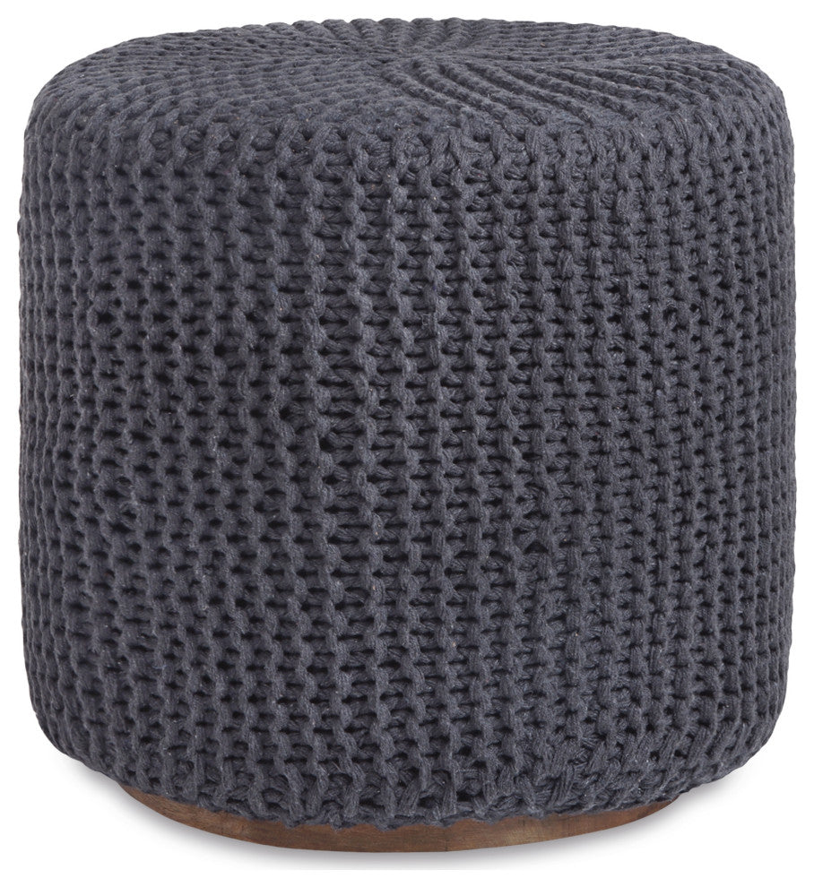 Loft Lyfe Marbella Ottoman, Hand Knitted, Wooden Tray, Cotton Yarn, Dark Gray