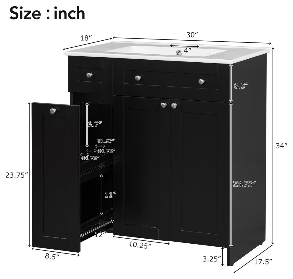 TATEUS 30" Bathroom Vanity with Ceramic Basin Resin Sink, black