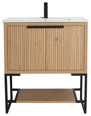 Kingsford Grooved-Look Bath Vanity, Bright Oak, White Ceramic Sink, 30", Doors