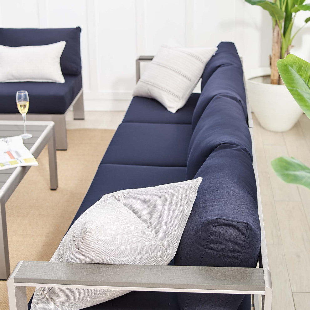 Sectional Sofa Chair Table Set, Sunbrella, Aluminum, Silver Blue Navy, Outdoor