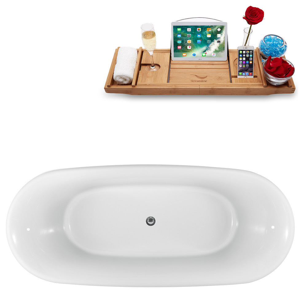70" White Clawfoot Tub and Tray, Chrome Feet, Chrome Internal Drain