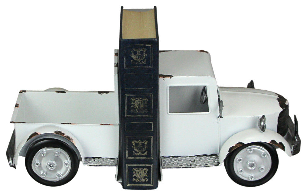 Weathered White Finish Vintage Pickup Truck Metal Bookends Front and Back
