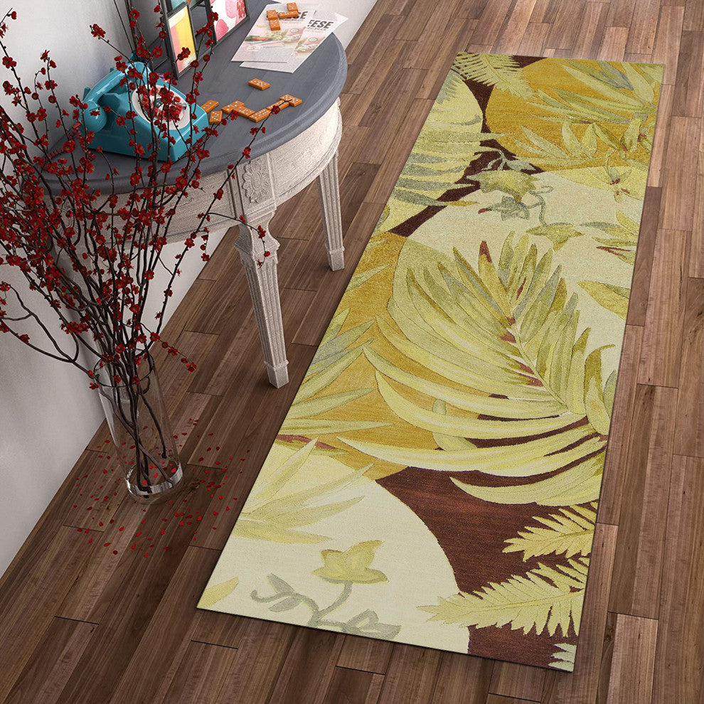 HomeRoots 10' Coral Ivory Hand Tufted Tropical Plants Indoor Runner Rug