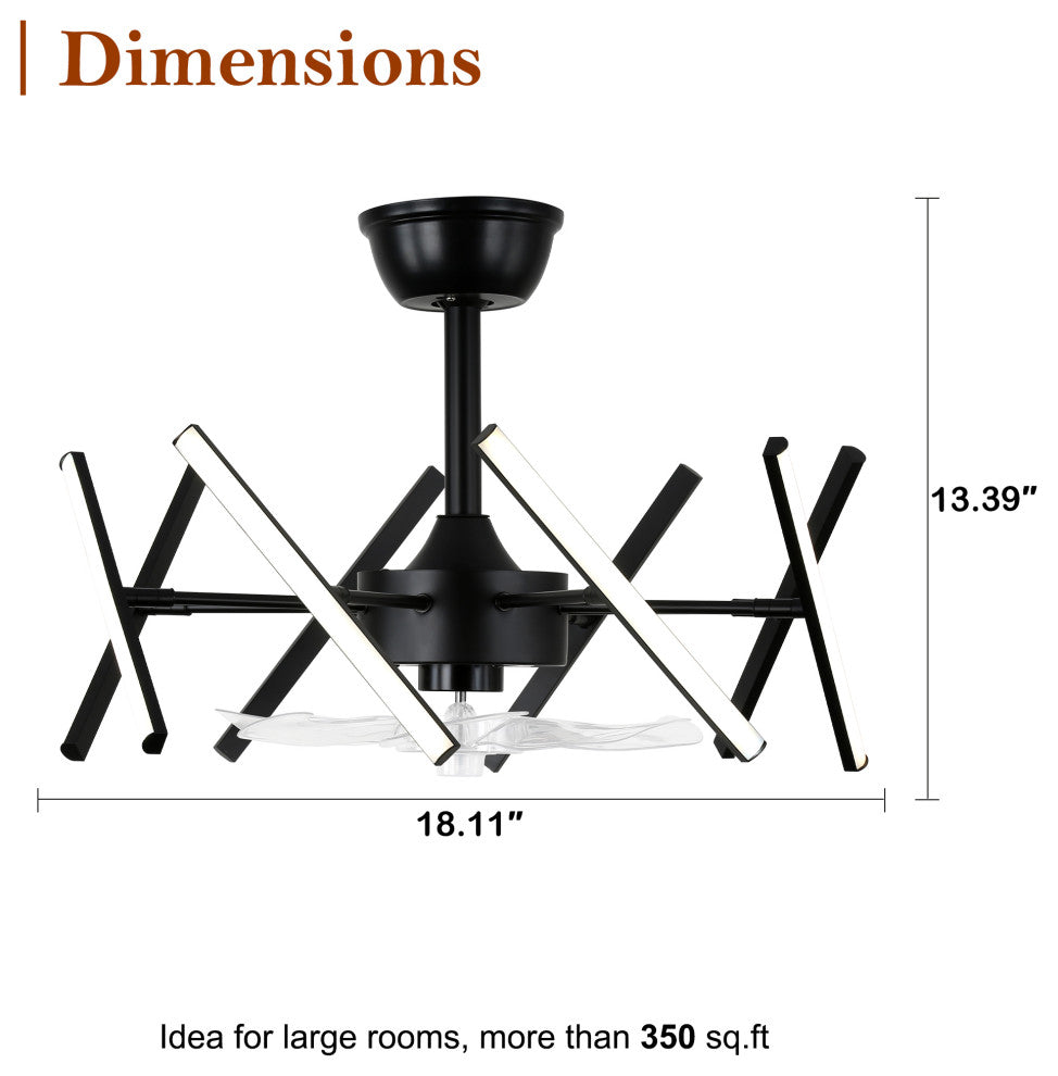 20" Matte Black Modern Ceiling Fan Light w Dimmable DIY Light