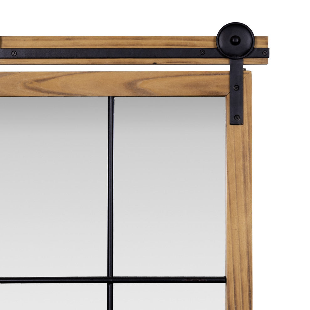 Farmhouse Style Brown Wooden Window Pane Wall Mirror