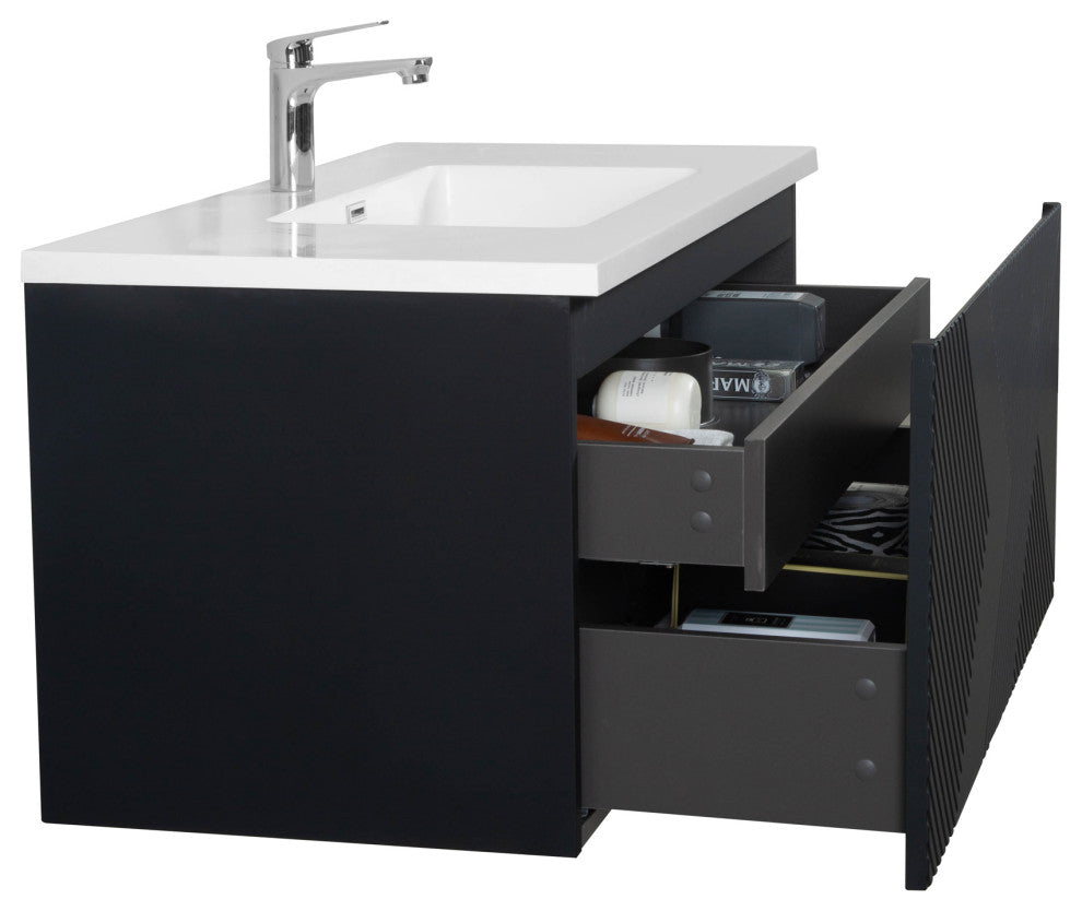 Matte Black Wall Mount Bath Vanity, Integrated Sink, White Sink, 40"
