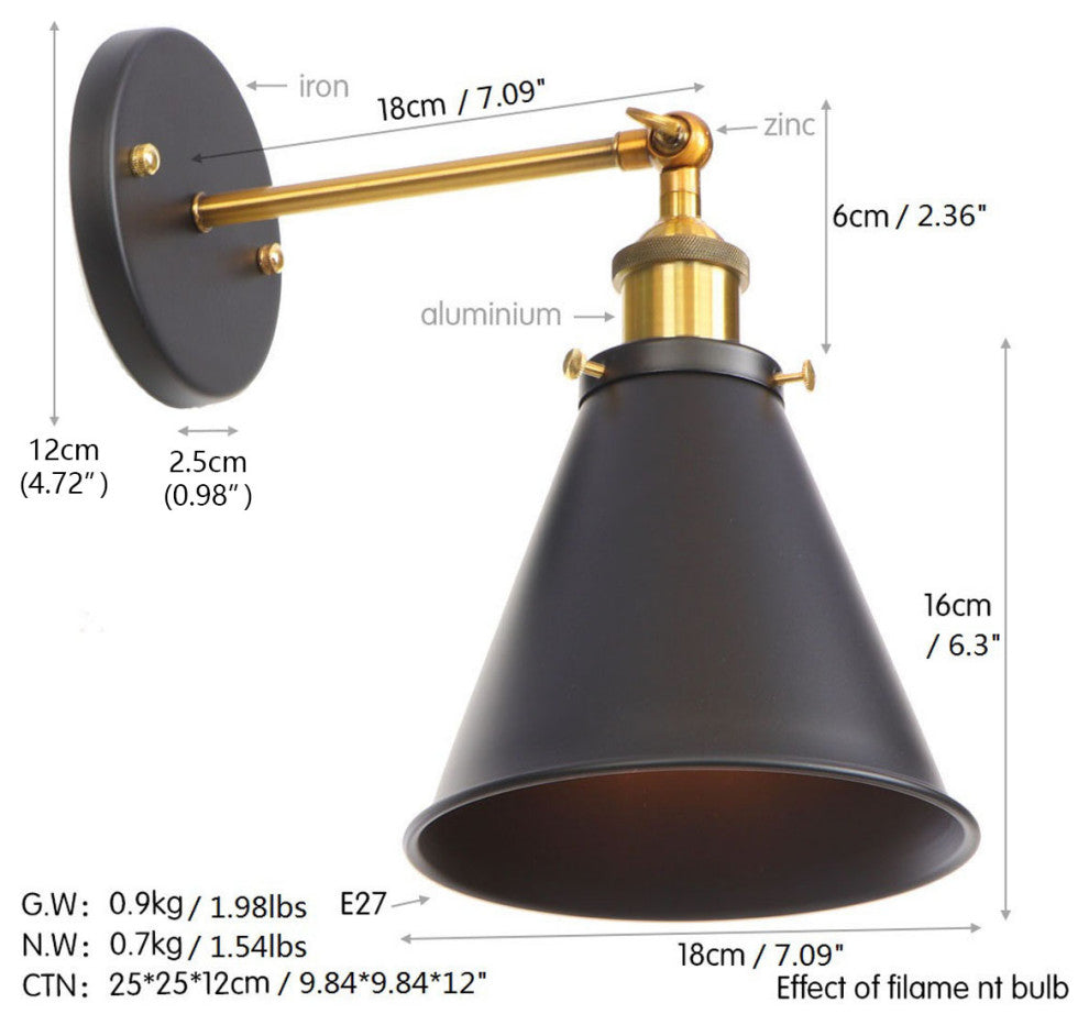 Modern Cone Wall Light Black 1-Light Metal Swing Arm Light