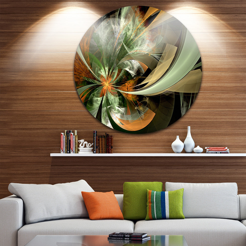 Symmetrical Orange Green Fractal Flower, Floral Round Wall Art, 36"