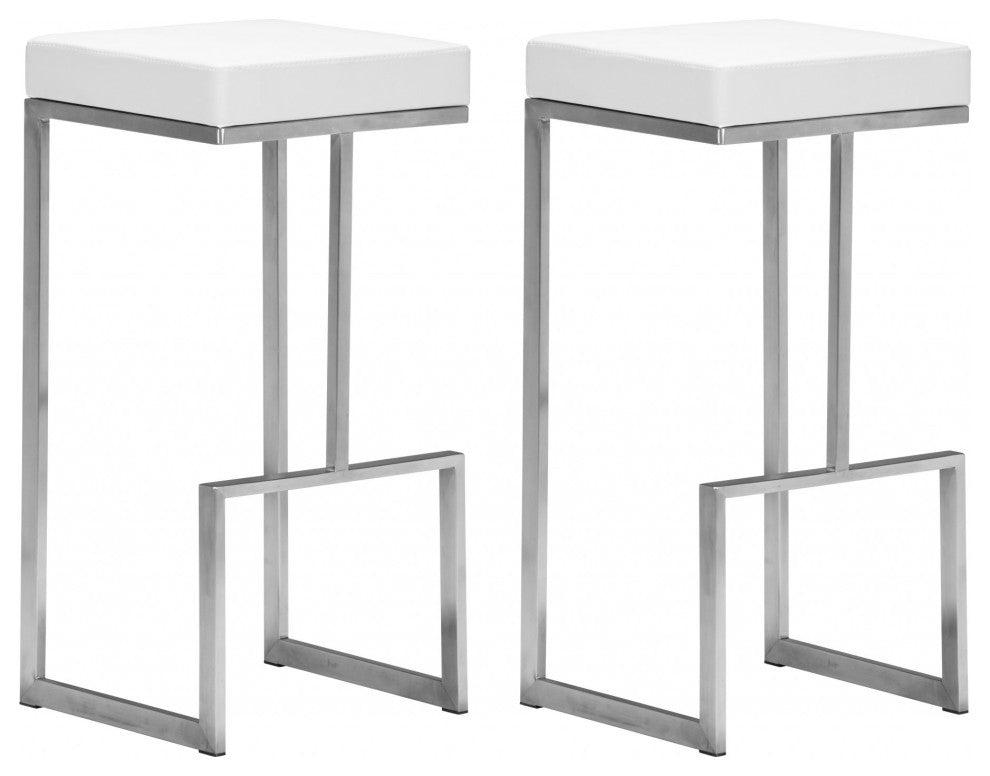 Set of Two White Faux Leather and Stainless Geometric Backless Barstools