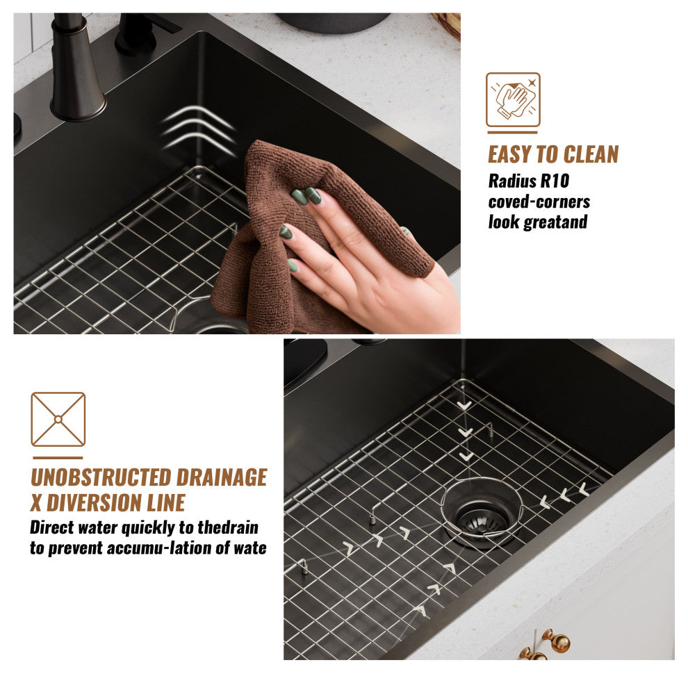 Drop-In Stainless Steel 33-inch 1-Hole Single Bowl Kitchen Sink in Nano PVD