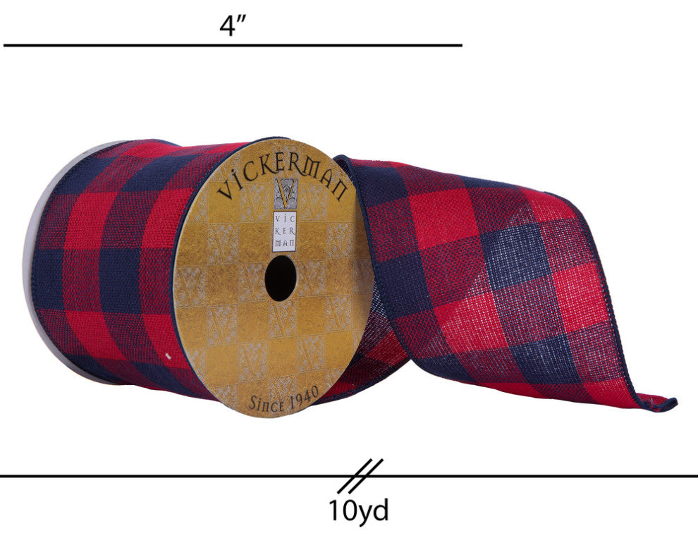 Vickerman Q201311 4"X10 Yard Red And Dark Blue Plaid Christmas Ribbon