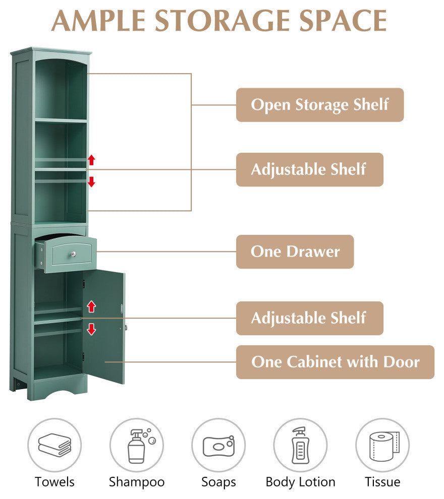 67" Tall Freestanding Bath Storage Cabinet, Adjustable Shelves