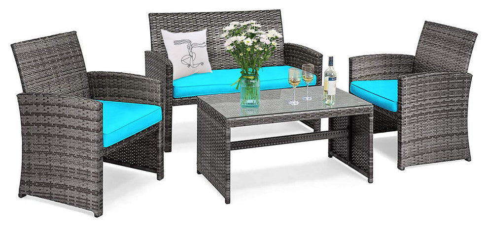 Costway 4PCS Patio Rattan Furniture Set Glass Table Top Cushioned Turquoise
