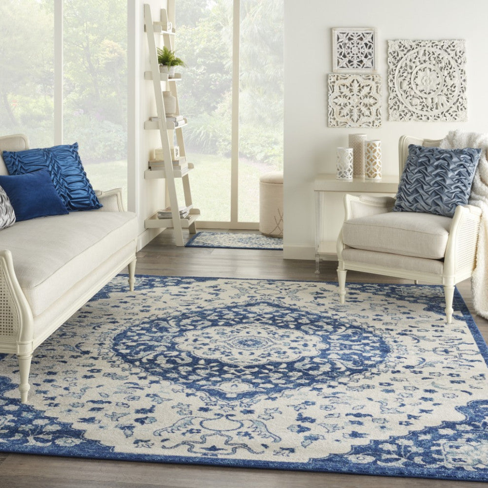 8" x 10" Ivory and Blue Medallion Area Rug