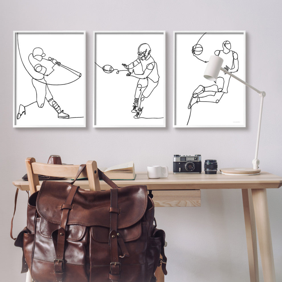 Simple Line Doodle People Playing Baseball Football Basketball, 3pc, each 24x30