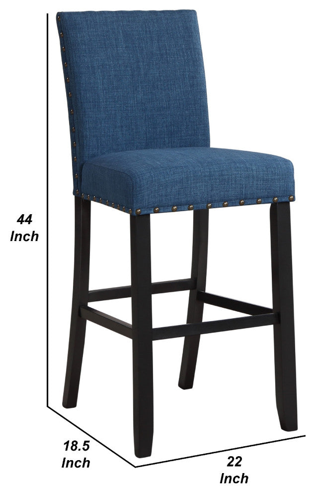 Benzara BM271458 Bar Chair With Fabric Seat and Nailhead Trim, Set of 2, Blue