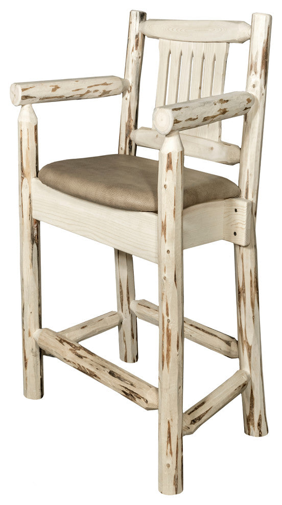 Montana Captain's Bar Stool, Buckskin Upholstery, Clear Lacquer Finish