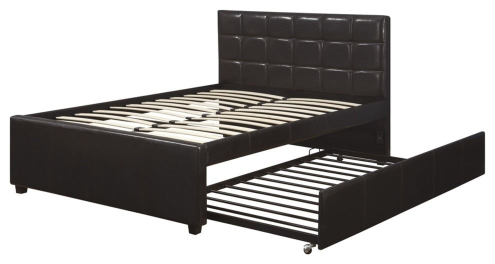Multi Utility Full Bed With Trundle Squ Tufted Head Boards Espresso,Black