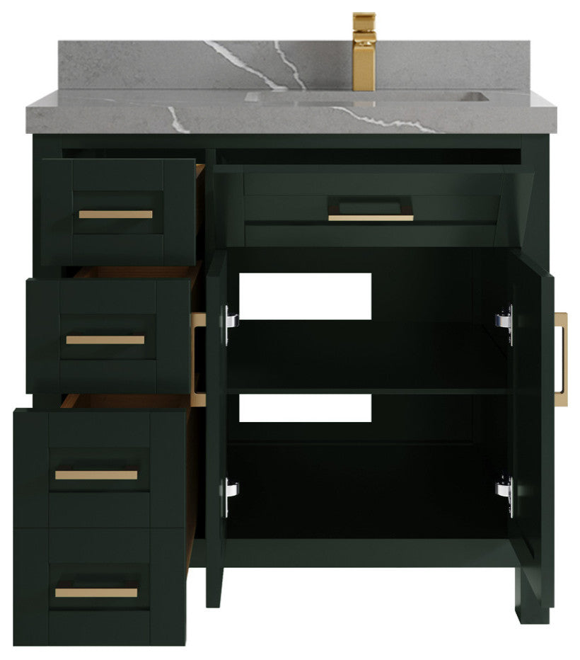 Cambridge 36 Right Offset Bath Vanity in Dark Forest Green 2" Piatra Gray