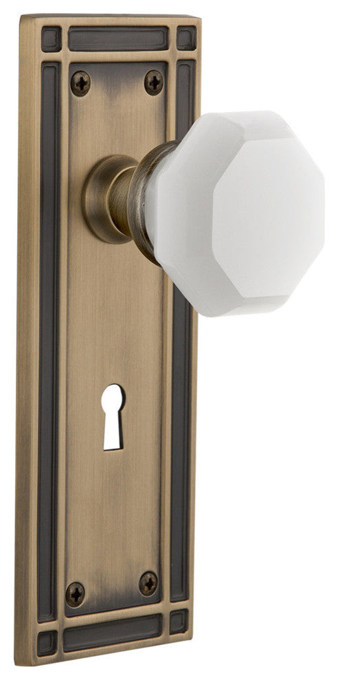 Mission Plate Interior Mortise Waldorf White Milk Glass Knob, Antique Brass