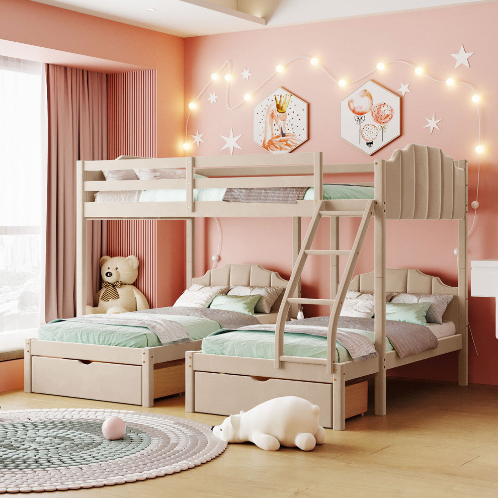 Gewnee Velvet Full Over Twin Triple Bunk Bed with Drawers in Beige
