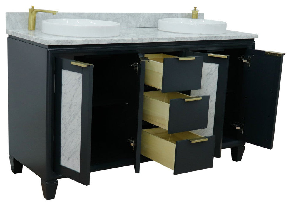 61" Double Sink Vanity, Dark Gray Finish With White Carrara Marble