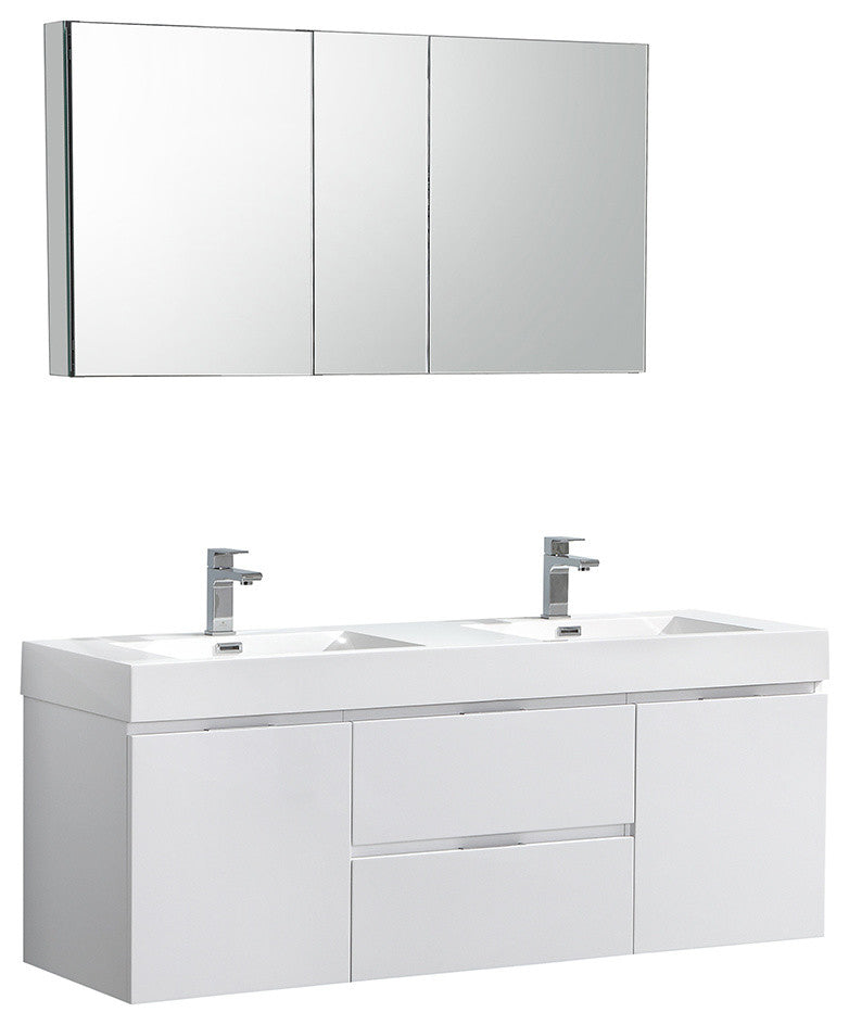 Valencia 60" Glossy White Wall Hung Double Sink Vanity, Faucet FFT1053CH