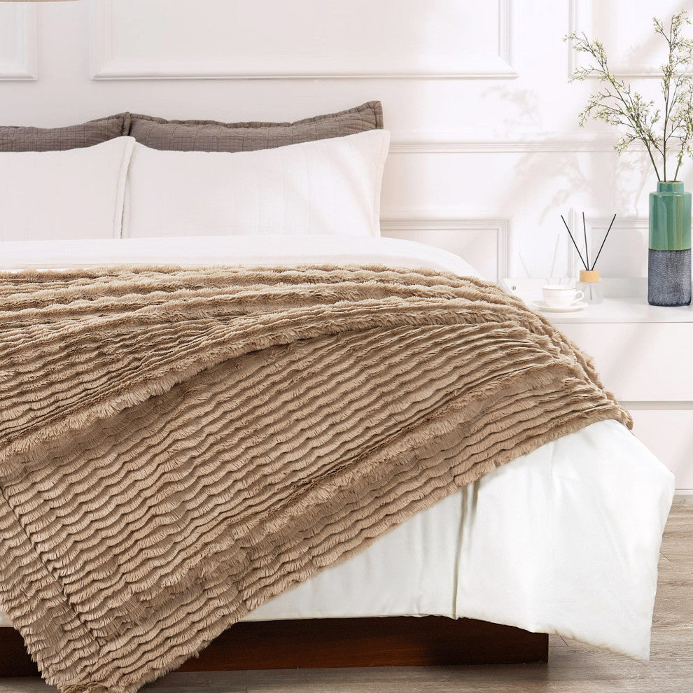 Wavy Faux Fur Throw Blanket, Tan