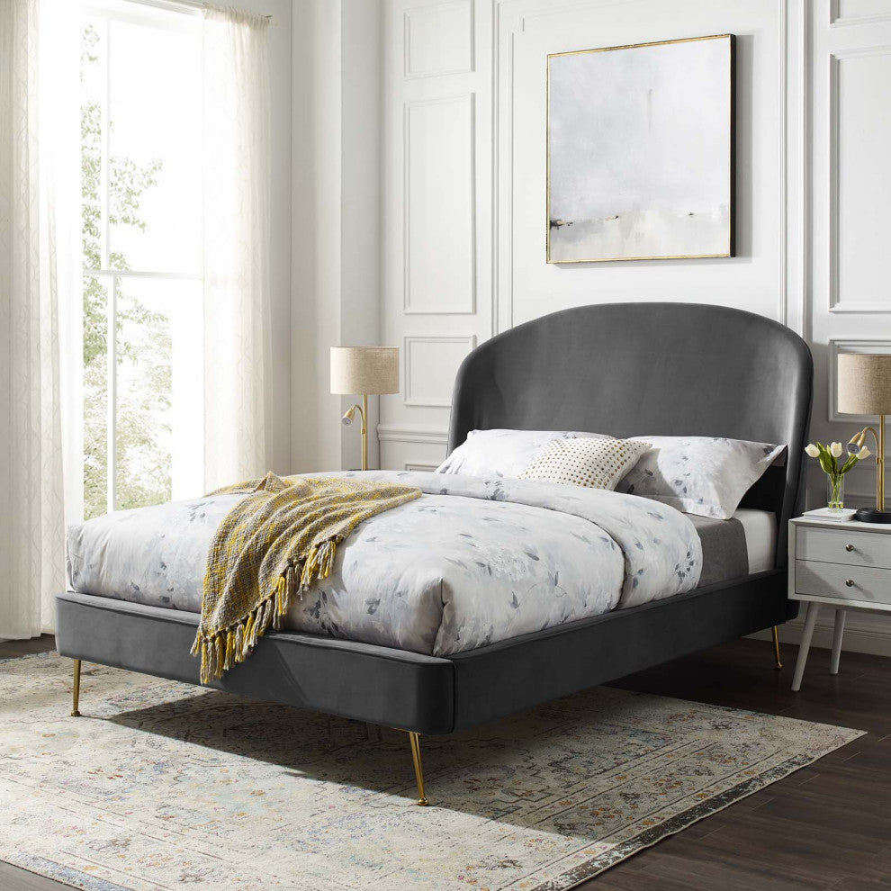 Platform Bed Frame, Queen Size, Velvet, Gray, Modern Contemporary, Bedroom
