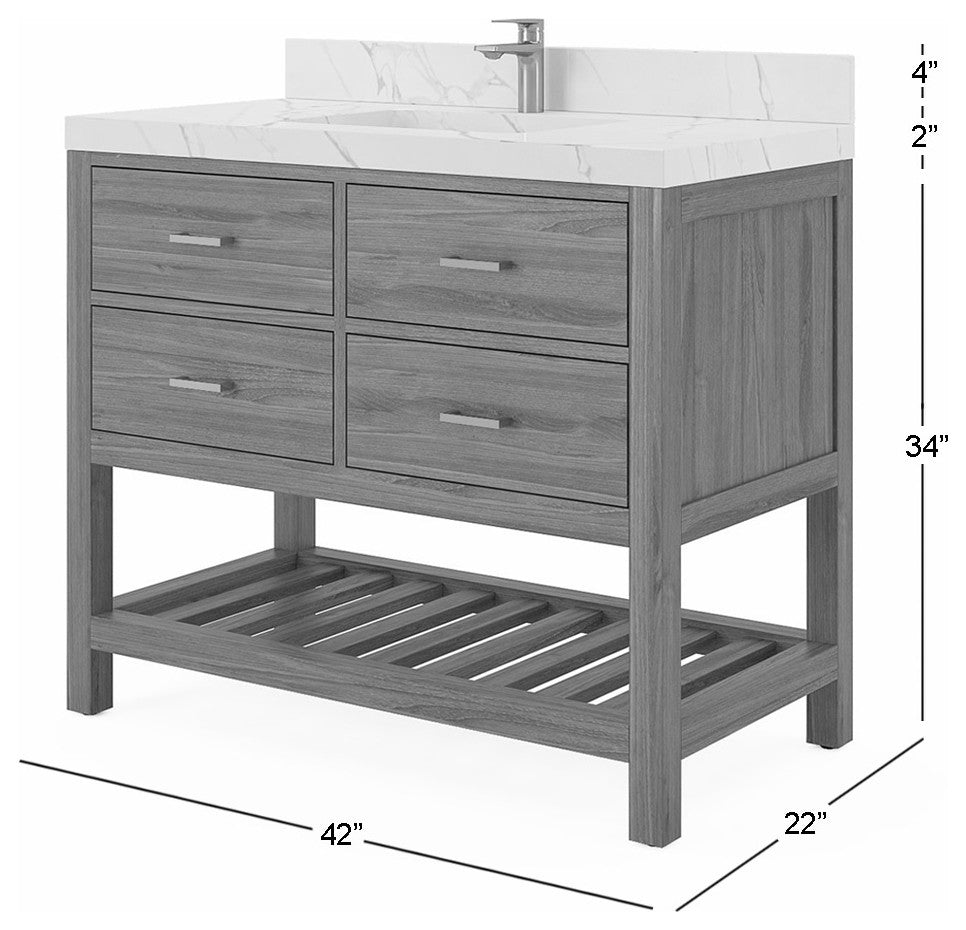 Parker Teak 42" Single Sink Bath Vanity in Dark Walnut 1.5" White Quartz