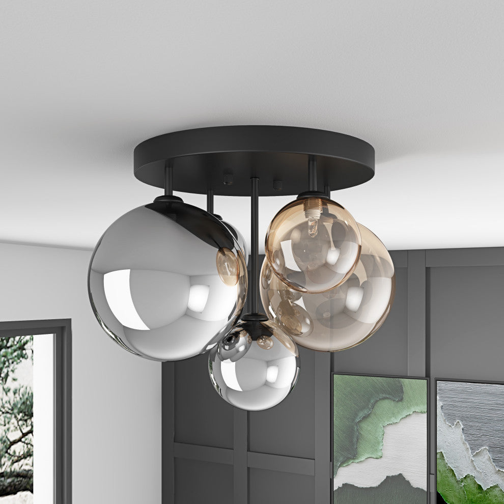 Grey and Brown 5-Light Semi Flush Mount Ceiling Light with Globe Glass Shades