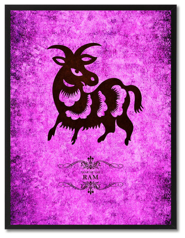 Ram Chinese Zodiac Purple Print on Canvas with Picture Frame, 22"x29"
