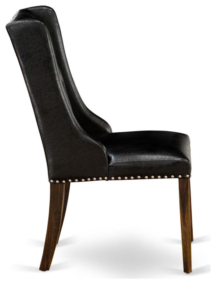 Black Dining Chair, Button Tufted Back, Wood Legs, Set of 2