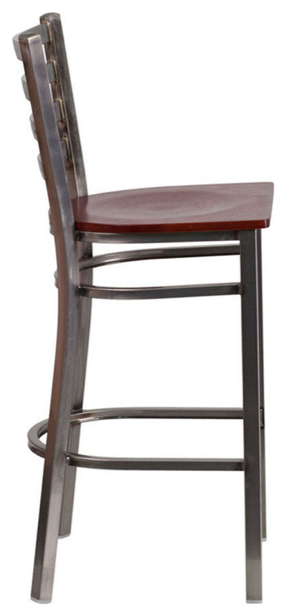 Clear Coated Ladder Back Metal Restaurant Barstool, Mahogany Wood Seat