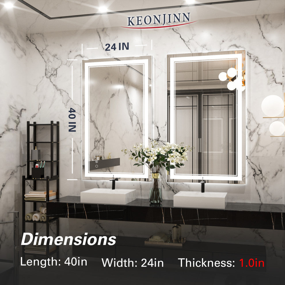 LED Bathroom Mirror, Anti-Fog Memory Dimmable IP54 Waterproof, 40"x24"