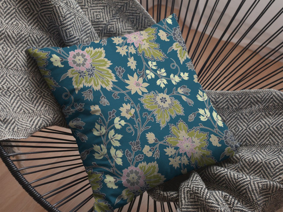 20 Teal Green Jacobean Suede Throw Pillow