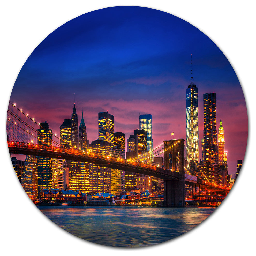 Manhattan With Lights And Reflections, Round Metal Wall Art, 38"